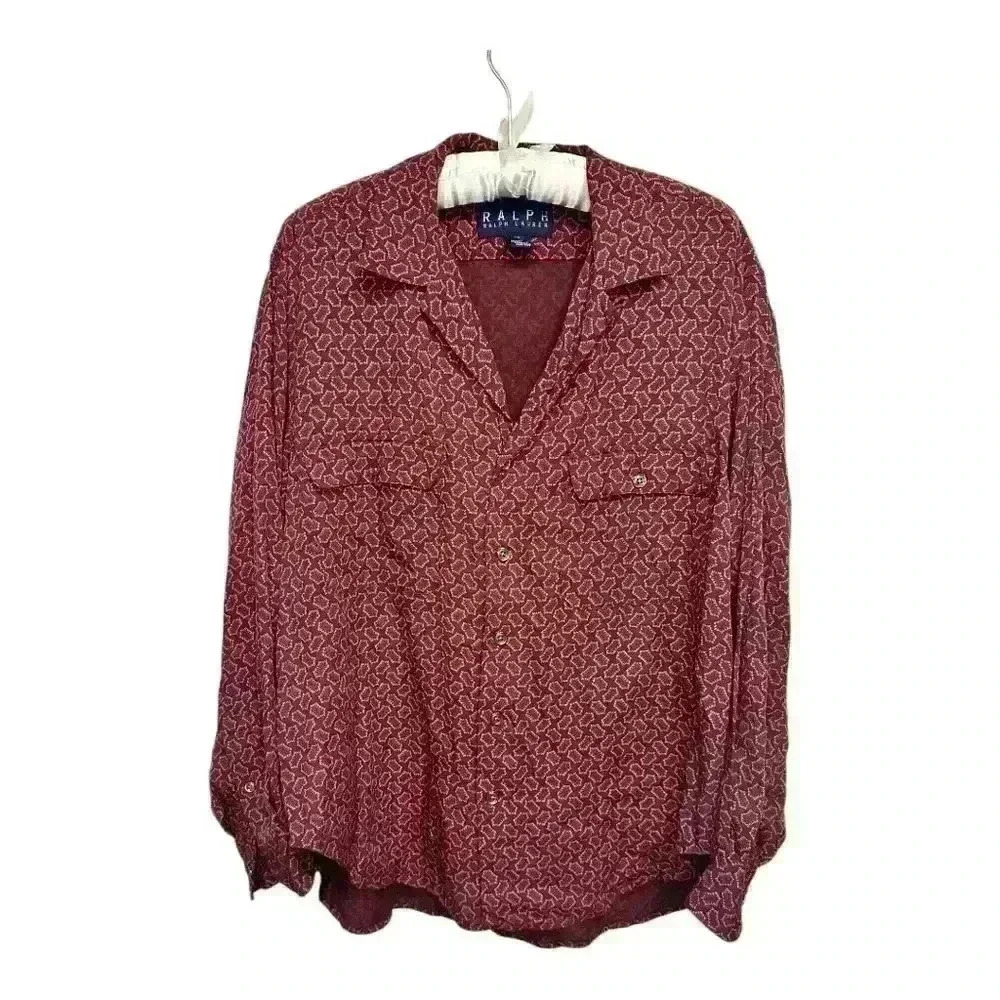 Ralph Lauren Maroon Printed Detail 100% Rayon Blouse Long Sleeve, size 12